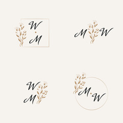 A set of wedding logos in gold with a beautiful twig