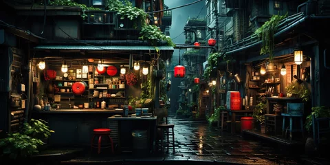 Fotobehang AI Generated. AI Generative. Traditional Japanese city town walking street night life in rain time. Cityscape adventure travel explore. Future cyberpunk asian vibe. © Graphic Warrior