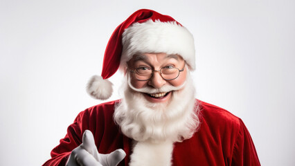 Naklejka premium Jolly funny Santa standing in white studio dressed in red hat and suit waving to camera recording Christmas greeting to all children