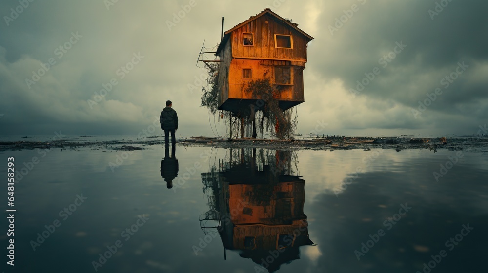 Wall mural  a man standing in front of a house on a body of water.  generative ai