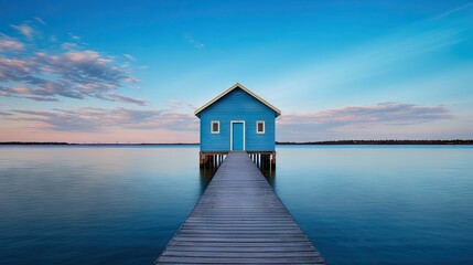  a small blue house sitting on top of a wooden pier.  generative ai