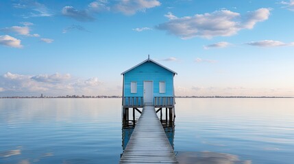  a small blue house sitting on top of a wooden pier.  generative ai