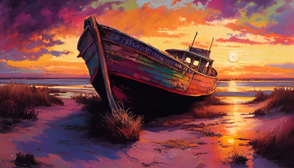 Fototapeten boat on beach with colourful sky © Hellan 