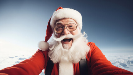 Smiley happy Santa wearing red hat and costume while clicking pictures while skydiving showing beautiful skies and clouds
