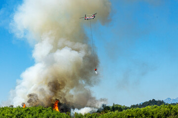 Fototapeta premium tragic view of forest fire and helibucket which is a specialized bucket suspended on a cable carried by a helicopter to deliver water for aerial firefighting 