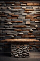 a wooden table with background brick wall made with Generative AI