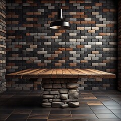 a wooden table with background brick wall made with Generative AI