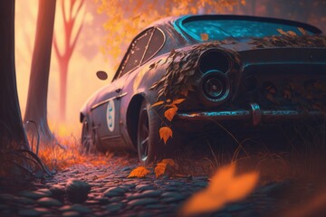 vintage car in the forestsports car covered with leaves