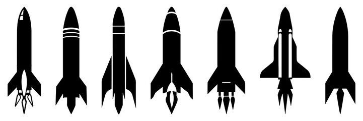 Rocket space silhouettes set, large pack of vector silhouette design, isolated white background © FutureFFX