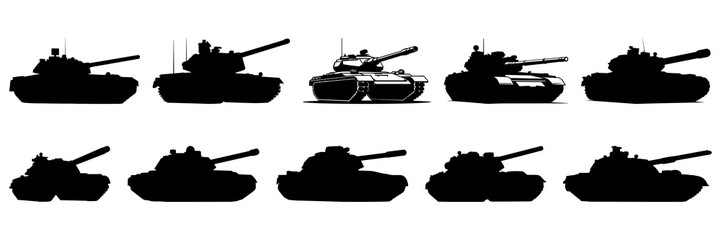 Tank war army silhouettes set, large pack of vector silhouette design, isolated white background