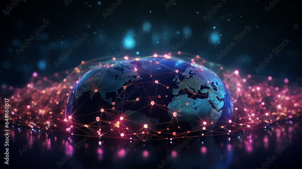 Poster global networking connection, metaverse technology, digital communication data exchanges