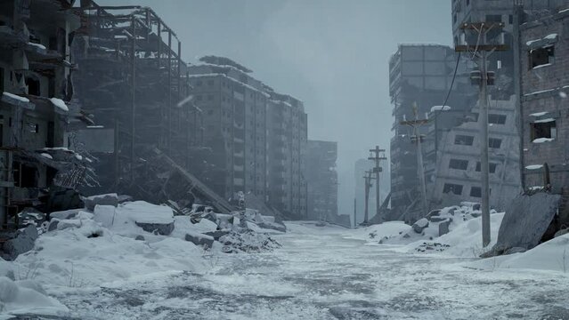 A city left in ruins after the war.  ( winter )