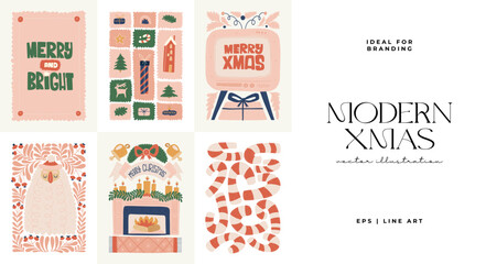 Merry Christmas and Happy New Year illustration. Modern trendy Matisse minimal style. Hand drawn design for wallpaper, wall decor, print, postcard, cover, template, banner.