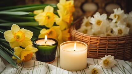 Fototapeta na wymiar Beautiful yellow daffodils and candles in a cozy home interior.