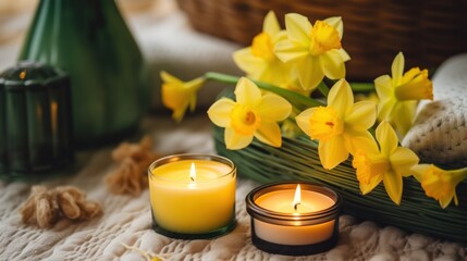 Beautiful yellow daffodils and candles in a cozy home interior.