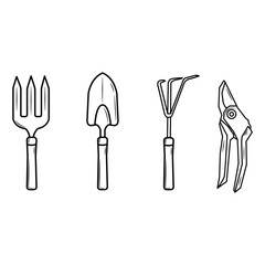 small garden tools in outline style on white background