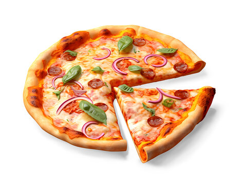 Round Pizza with individual slice, isolated on a white background, fast food concept, realistic design illustration, generative ai