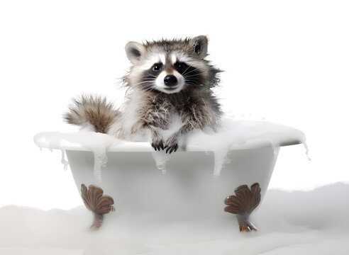 Funny cute Raccoon in a bathtub filled with soap foam, isolated on a white background, cute pet concept, realistic design illustration, generative ai