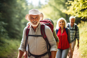 Active Seniors Trekking Through Scenic Countryside