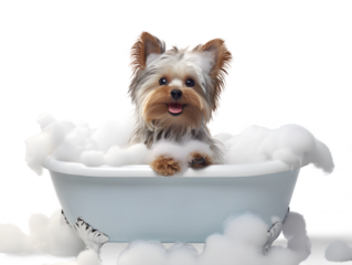 Cute little Yorkshire Terrier dog in a bath with foam, isolated on white background, cute pet concept, realistic 3d illustration, generative ai