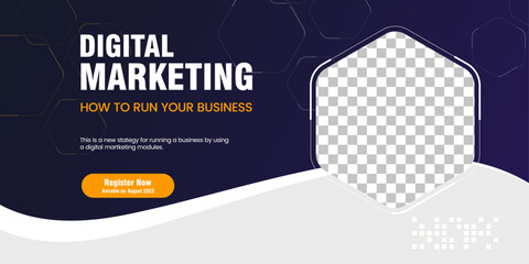 Digital marketing concept webinar horizontal banner template design. Abstract curve banner design with black and white background and yellow frame shape