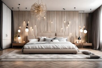 Stylish interior of contemporary room with comfortable bed. Interior Bedroom. bedroom. bed with pillows.