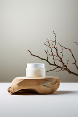 A jar of moisturizer on a tree cut. Advertising concept in minimalist style.