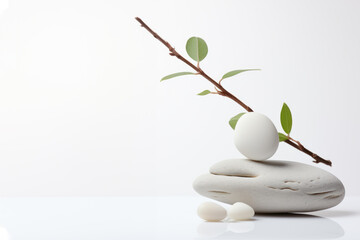 A stack of white stones and a branch of bamboo on a white background. Advertising spa concept.