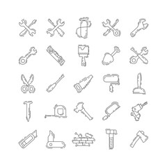 Construction tools thin line icon set with ax, hammer, wrench