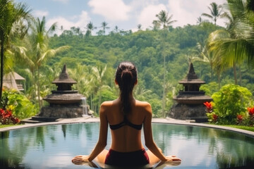 Morning Yoga Serenity in Bali: Woman by the Infinity Pool