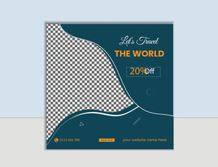  travel sale social media post template. Web banner, banner or poster for travelling agency business offer promotion. Holiday and tour advertisement banner design travel agency