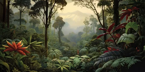 Wall murals Fantasy Landscape AI Generated. AI Generative. Exotic tropical rainforest jungle forest green fresh landscape. Asia adventure explore tour. Graphic Art