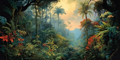 AI Generated. AI Generative. Exotic tropical rainforest jungle forest green fresh landscape. Asia adventure explore tour. Graphic Art