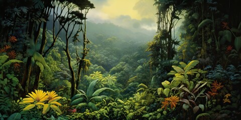 AI Generated. AI Generative. Exotic tropical rainforest jungle forest green fresh landscape. Asia adventure explore tour. Graphic Art