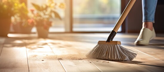 Woman cleaning floor with broom and dust pan in close up - obrazy, fototapety, plakaty