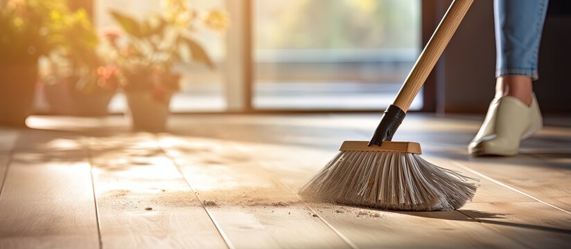 Woman cleaning floor with broom and dust pan in close up