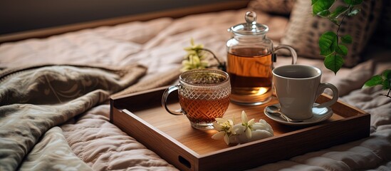 Wooden tray holds a tea set cup in a bedroom design