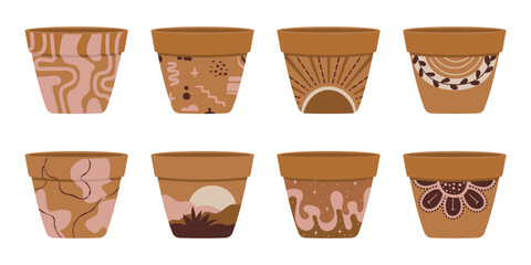 Collection of empty terracotta flower pots for house plants. Ceramic pot decorated with hand-painted Memphis style.