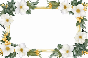 AI. Blank paper card mockup with frame made of flowers strawberries. Festive floral composition with copy space on a white pastel background.