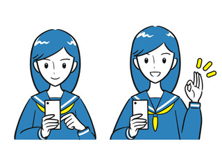 Naklejka premium スマホを操作する スマホを持ってOKサインをする 女子学生セット（シンプル）