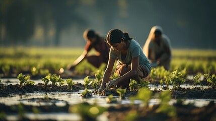 Women work in a wet field.