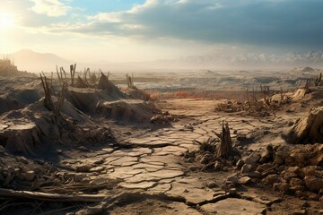 Desolate terrain after climate change-induced catastrophe. Generative AI