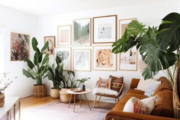 Frames in home interior. Room in boho style with natural wooden furniture and plants. Generative AI