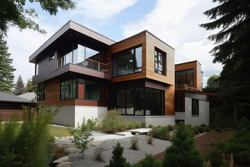 Exterior of a modern cozy house with large windows and lawn. Generative AI