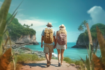 Obraz premium Traveling man and woman with backpack in summer tropical background. Generative AI