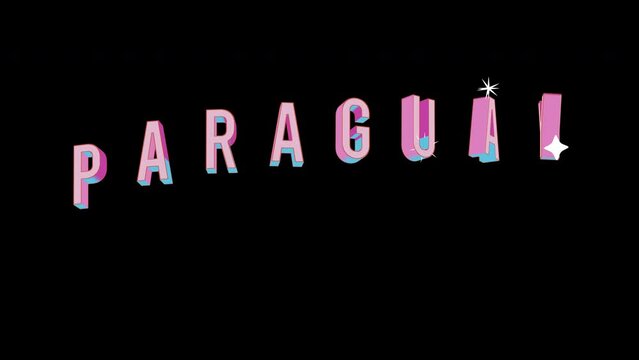 Bright letters jump merrily in the inscription PARAGUAY country name. Retro. Alpha channel black. In-Out looped. Alpha BW at the end. Looped from frame 120 to 240, Alpha BW at the end
