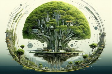 Green Economy Illustrated: GEN AI Tree with Earth Icons for Circular & Sustainable Environment, Recycle & Ecology