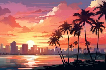 Illustration of Miami skyline with modern buildings and palm trees. Generative AI