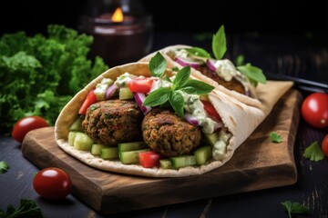Falafel Pita Sandwich with Fresh Vegetables and Sauce. A Delicious and Healthy Vegan/Vegetarian Option for Snack or Meal