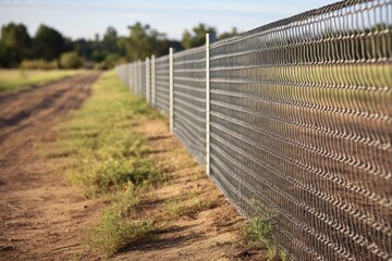 Welded Wire Mesh Fence for Agriculture and Garden Barrier on Gravel Walkway with Metal Wall Background - obrazy, fototapety, plakaty